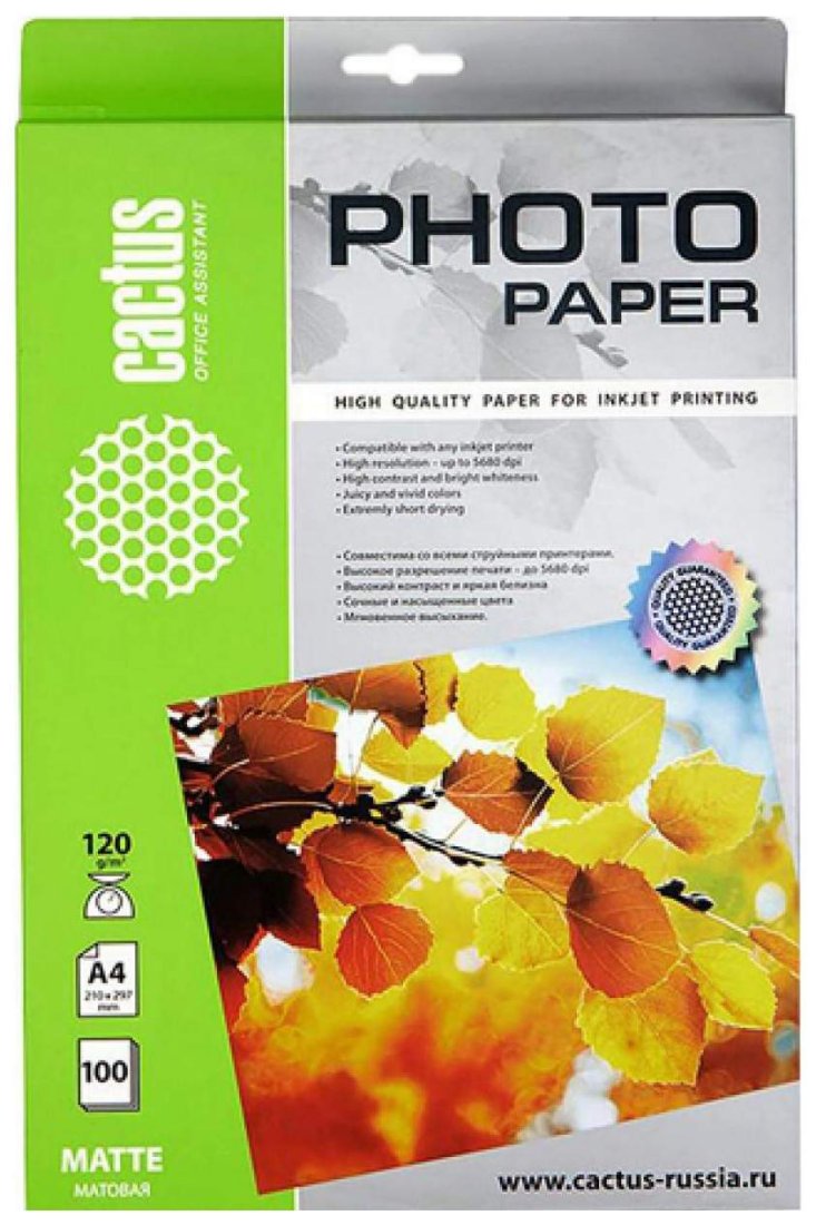 Изображение товара Фотобумага Cactus CS-MA4120100 A4/120г/м2/100л./белый матовое для струйной печати
