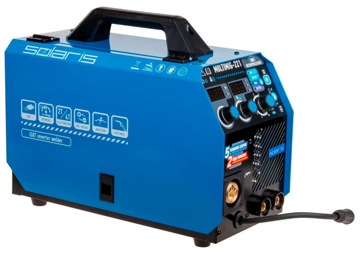Изображение товара Полуавтомат сварочный Solaris MULTIMIG-221, 230 В, MIG/SPOT/FLUX/MMA/TIG, евроразъем, горелка 3 м, смена полярности, 2T/4T, регулировка индуктивности