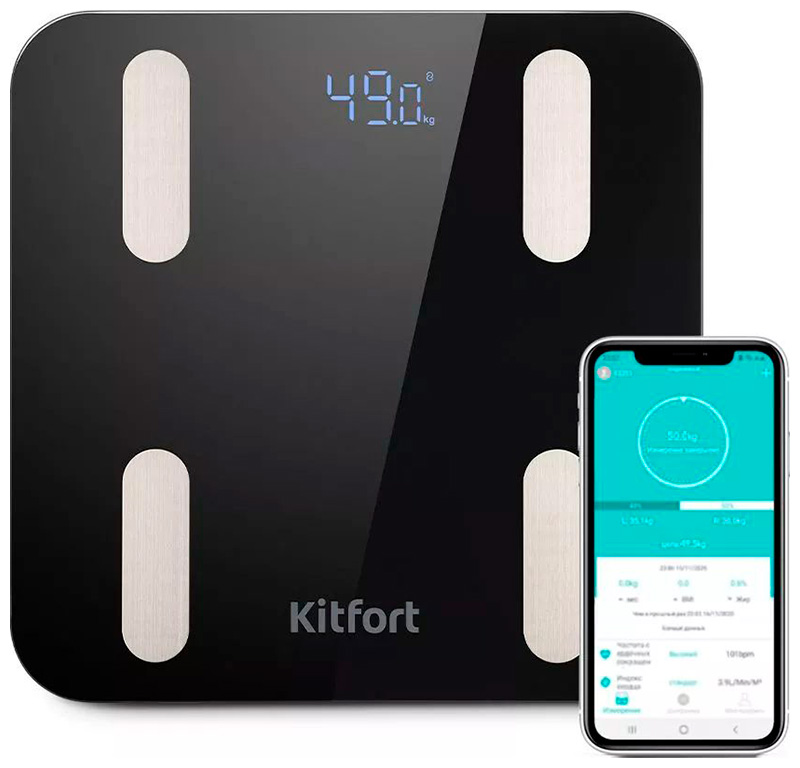 Весы напольные Kitfort КТ-813, до 180 кг, синхронизация со смартфоном, черный Весы напольные Kitfort КТ-813, до 180 кг, синхронизация со смартфоном, черный