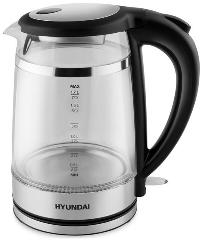 Изображение товара Чайник электрический Hyundai (HYK-G3036) 1.7л, 2200 Вт, черный/прозрачный, стекло/пластик