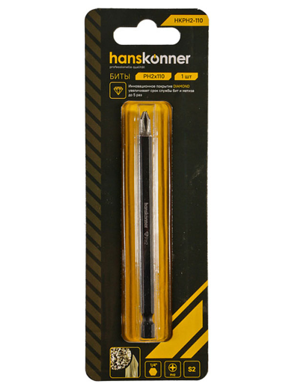 Изображение товара Бита Hanskonner PH2x110 мм, сталь S2, Diamond, 1 шт (HKPH2-110)