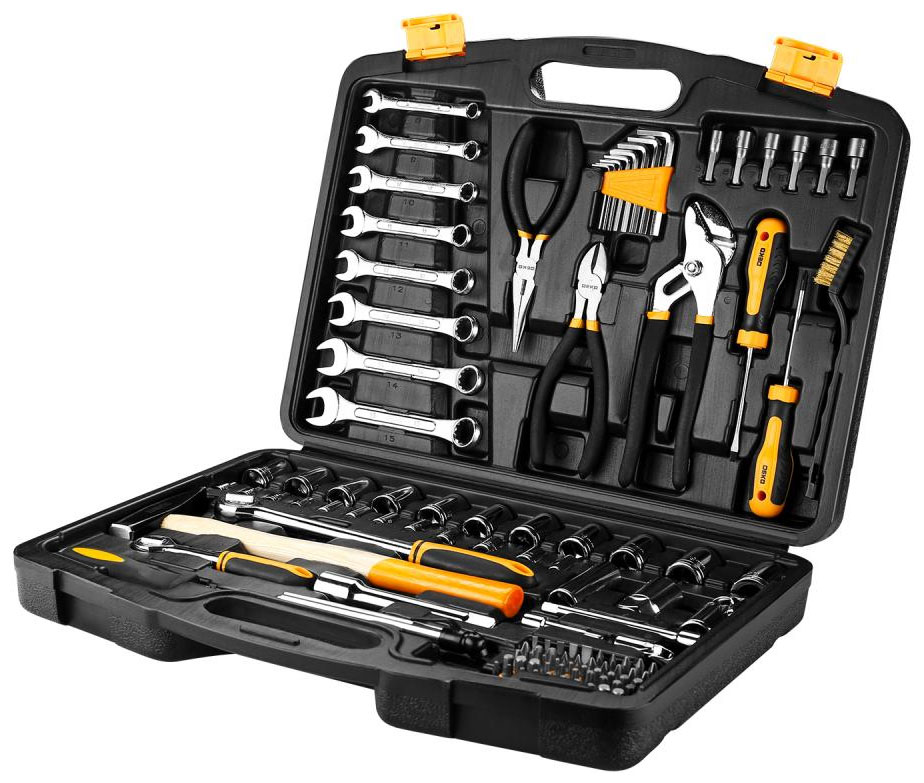 цена Профессиональный набор инструмента для дома и авто в чемодане Deko DKMT113 (113 предметов) черно-желтый
