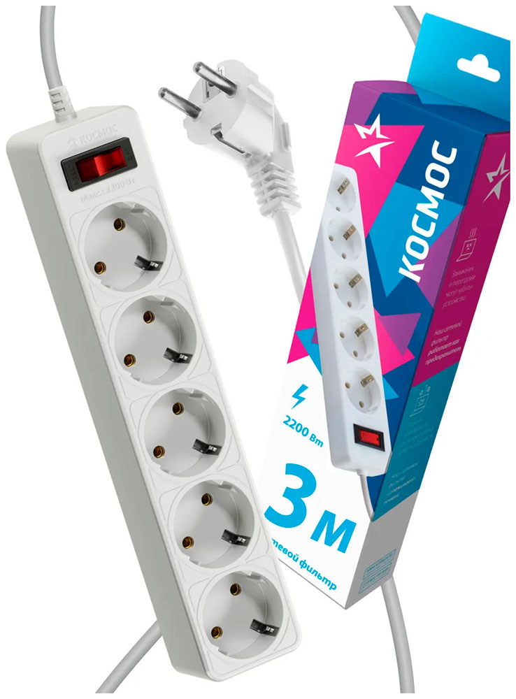 Изображение товара Сетевой фильтр Космос 3 м 5 розеток варисторная защита автоматический предохранитель белый