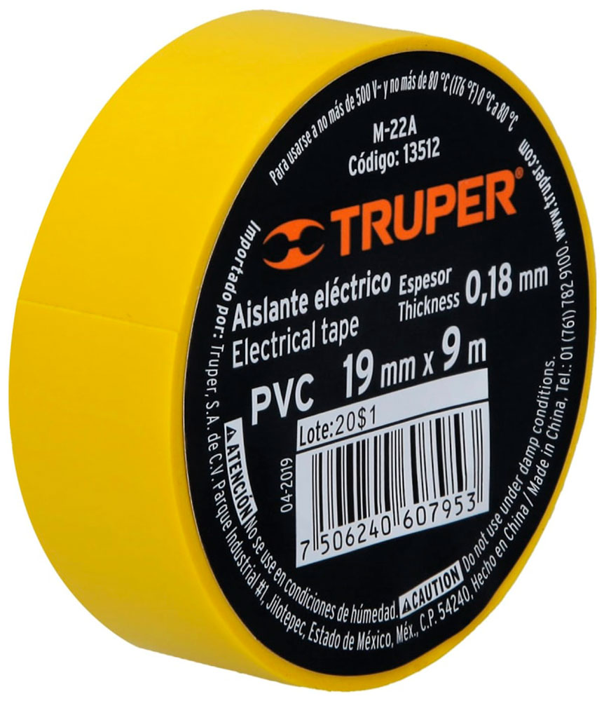Изображение товара Изолента Truper акрил желтая 9 м ширина 19 мм M-22A 13512
