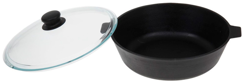 Изображение товара Чугунная сковорода Камская посуда у6062 26 см с стеклянной крышкой и ушками