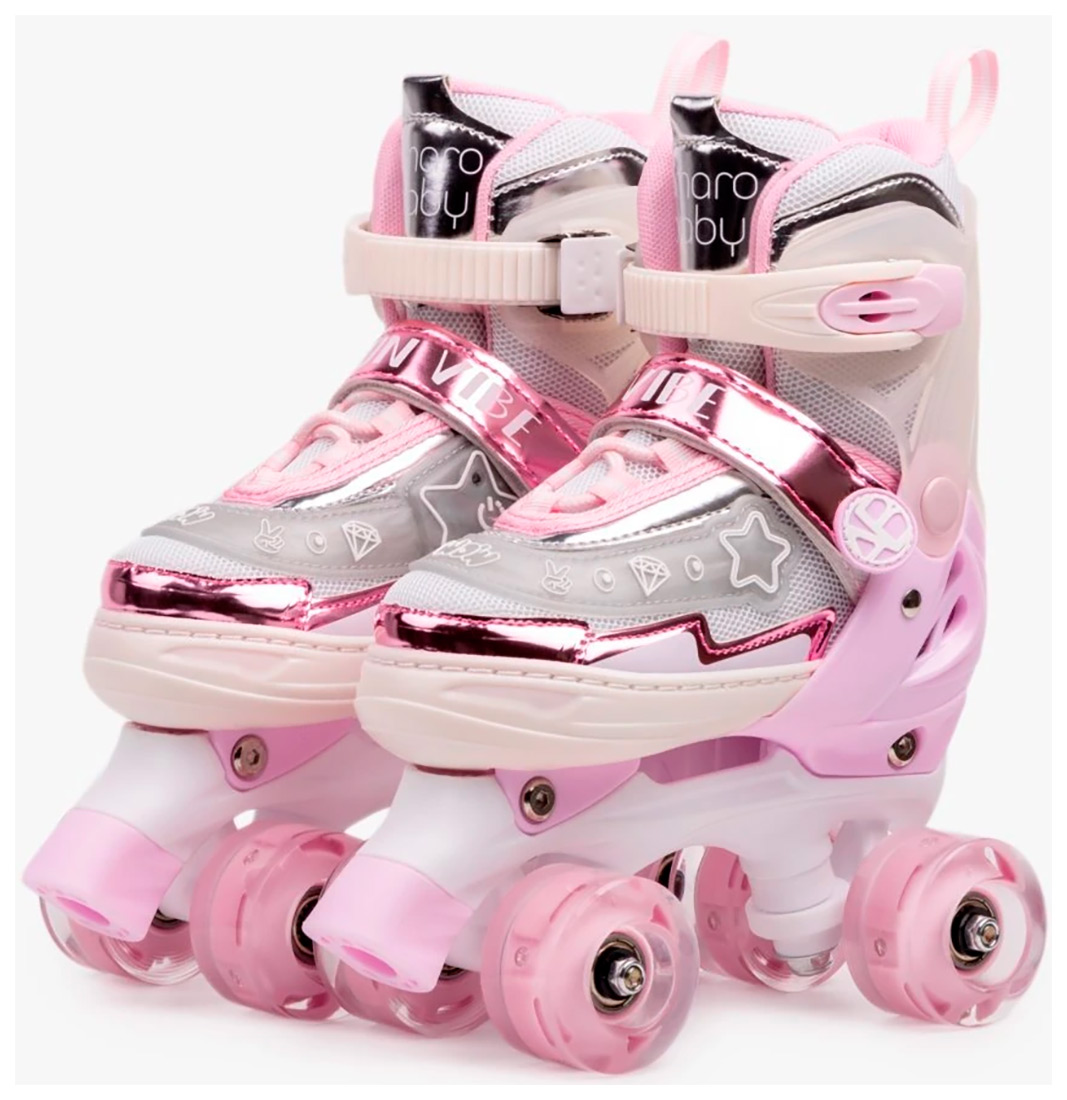 Изображение товара Детские роликовые коньки Amarobaby Glory, раздвижные со светящимися колесами, бежевый/розовый, размер 30-33 (AB24-35GL/0306-30)