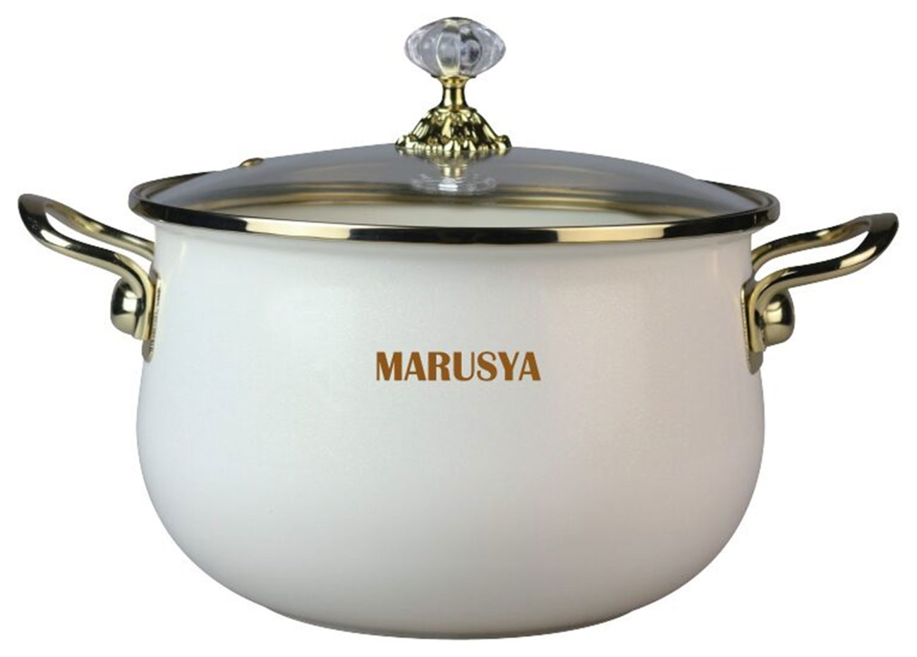 Изображение товара Кастрюля Marusya R-77724 5л эмалированная с стеклянной крышкой и ручкой золото