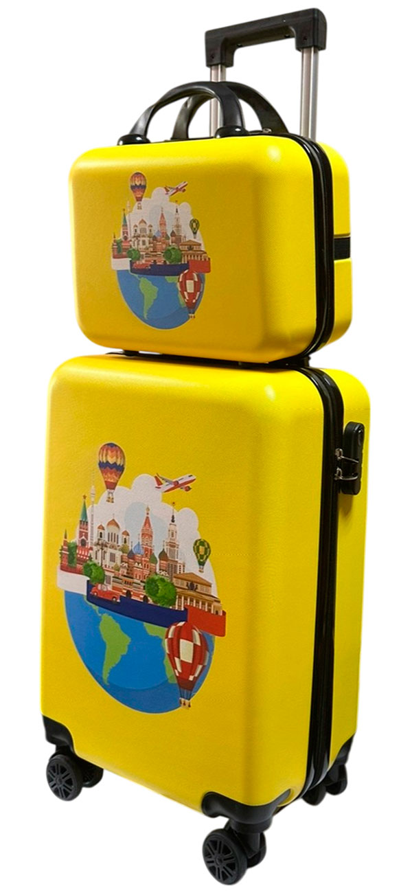 Изображение товара Дорожный комплект Lats чемодан четырехколесный с принтом, размер S+ и сумка ручная кладь, Москва, желтый