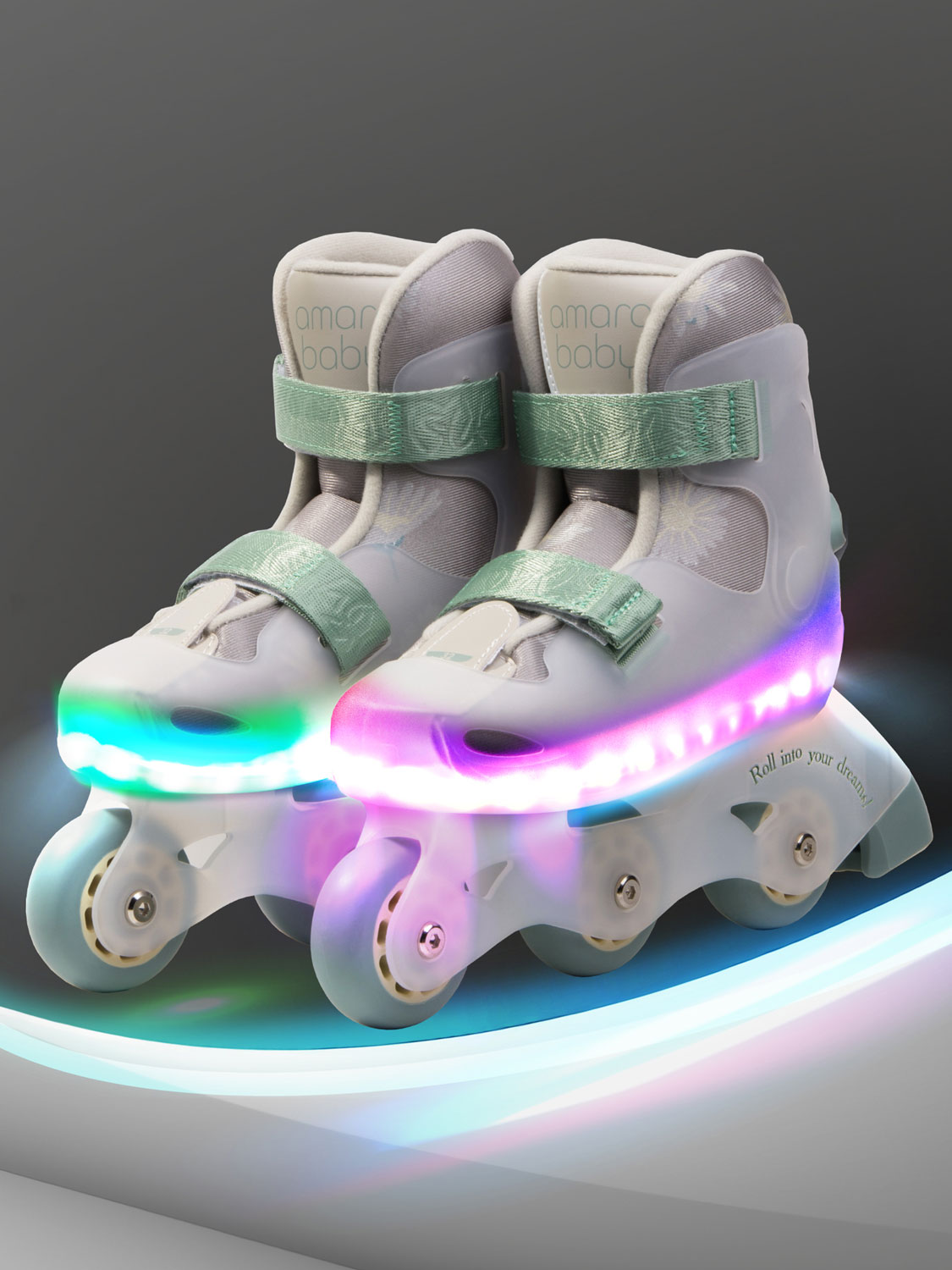 Изображение товара Детские роликовые коньки Amarobaby Wish с подсветкой, размер 29-30, бежевый/зеленый