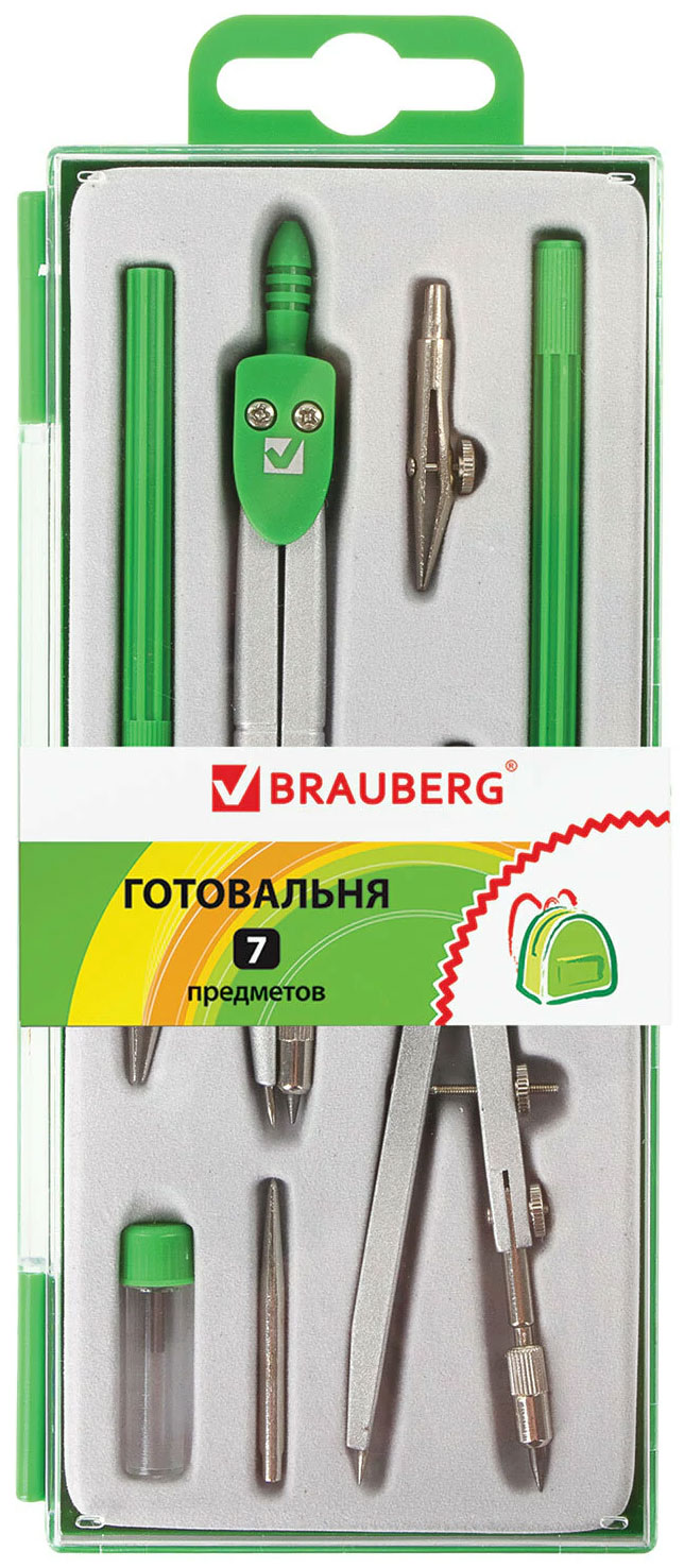 

Готовальня Brauberg "Klasse", 7 предм: циркуль кронциркуль, рейсф держ, 2 вставки, грифель, 210344, Зеленый
