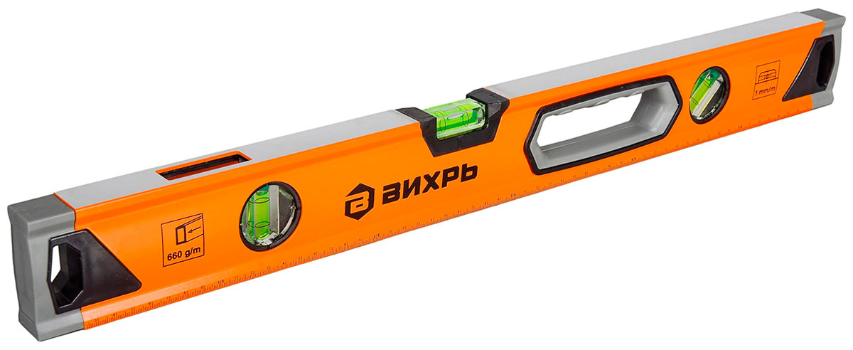 Изображение товара Уровень алюминиевый Вихрь Усиленный 600 мм 3 глазка 1 зеркальный 2 комп. рукоятки 73/11/4/10