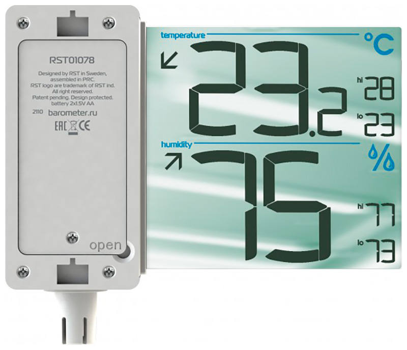 Термометр-гигрометр с дисплеем RST RST01078 белый/прозрачный термометр гигрометр с термосенсором rst слоновая кость 01595