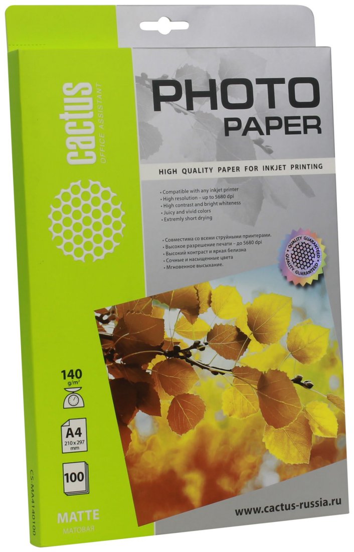 Изображение товара Фотобумага Cactus CS-MA4140100 A4/140г/м2/100л./белый матовое для струйной печати