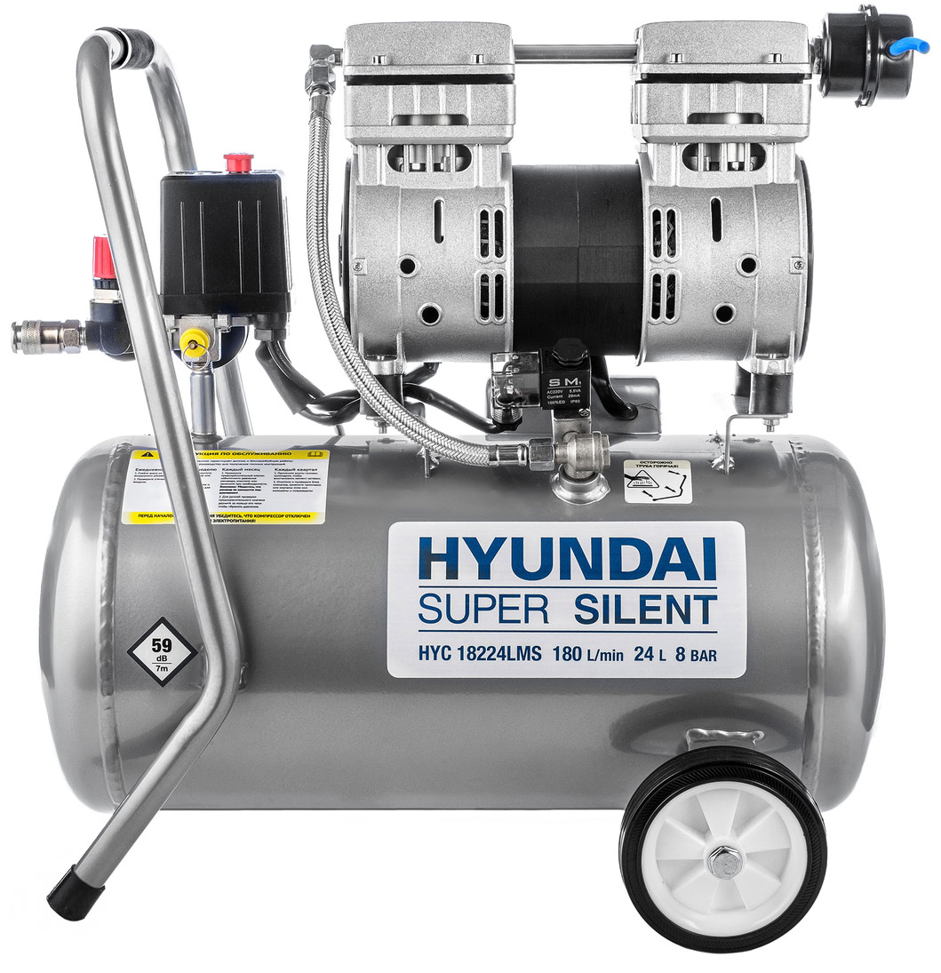 

Компрессор безмасляный Hyundai НYC 18224LMS, поршневой, бесшумный, Серебристый