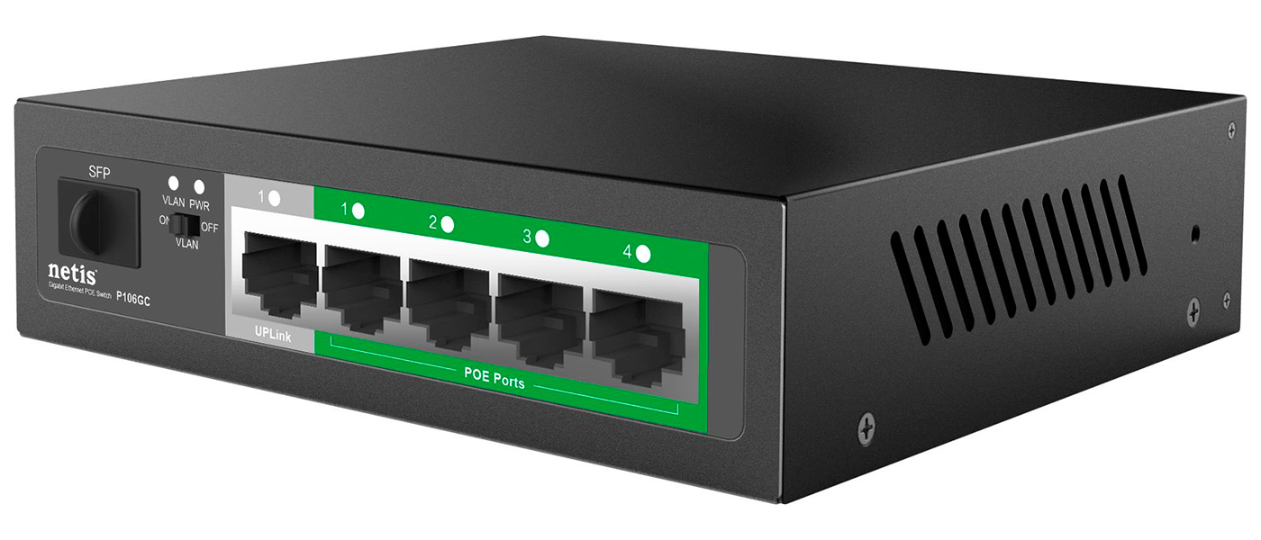 Изображение товара Коммутатор Netis P106GC 5x1 Гбит/с, 1 SFP, PoE 60W, неуправляемый