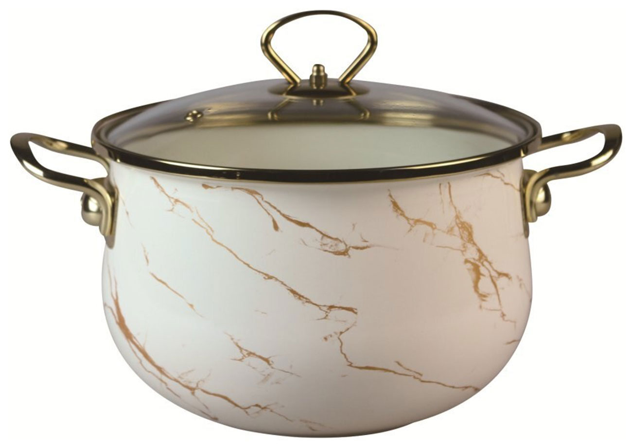 Изображение товара Кастрюля Marusya R-21822 2.2 л эмалированная стеклянная крышка золото кремовая мрамор