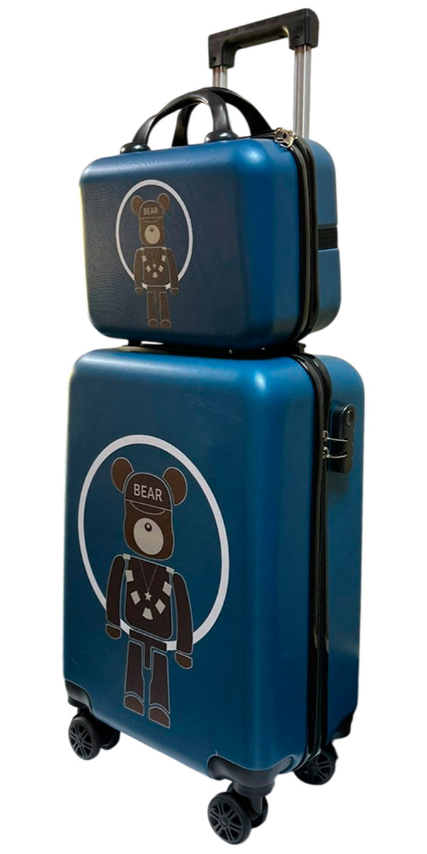 Изображение товара Дорожный комплект Lats чемодан четырехколесный с принтом, размер S+ и сумка ручная кладь, Медведь, синий