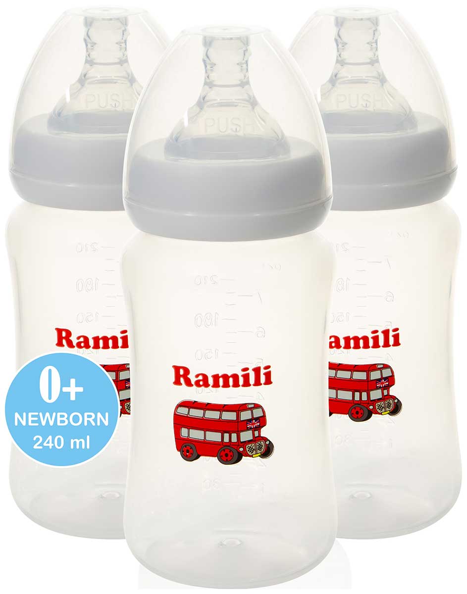 Изображение товара Набор из 3 противоколиковых бутылочек Ramili Baby 240 мл с мягкой соской