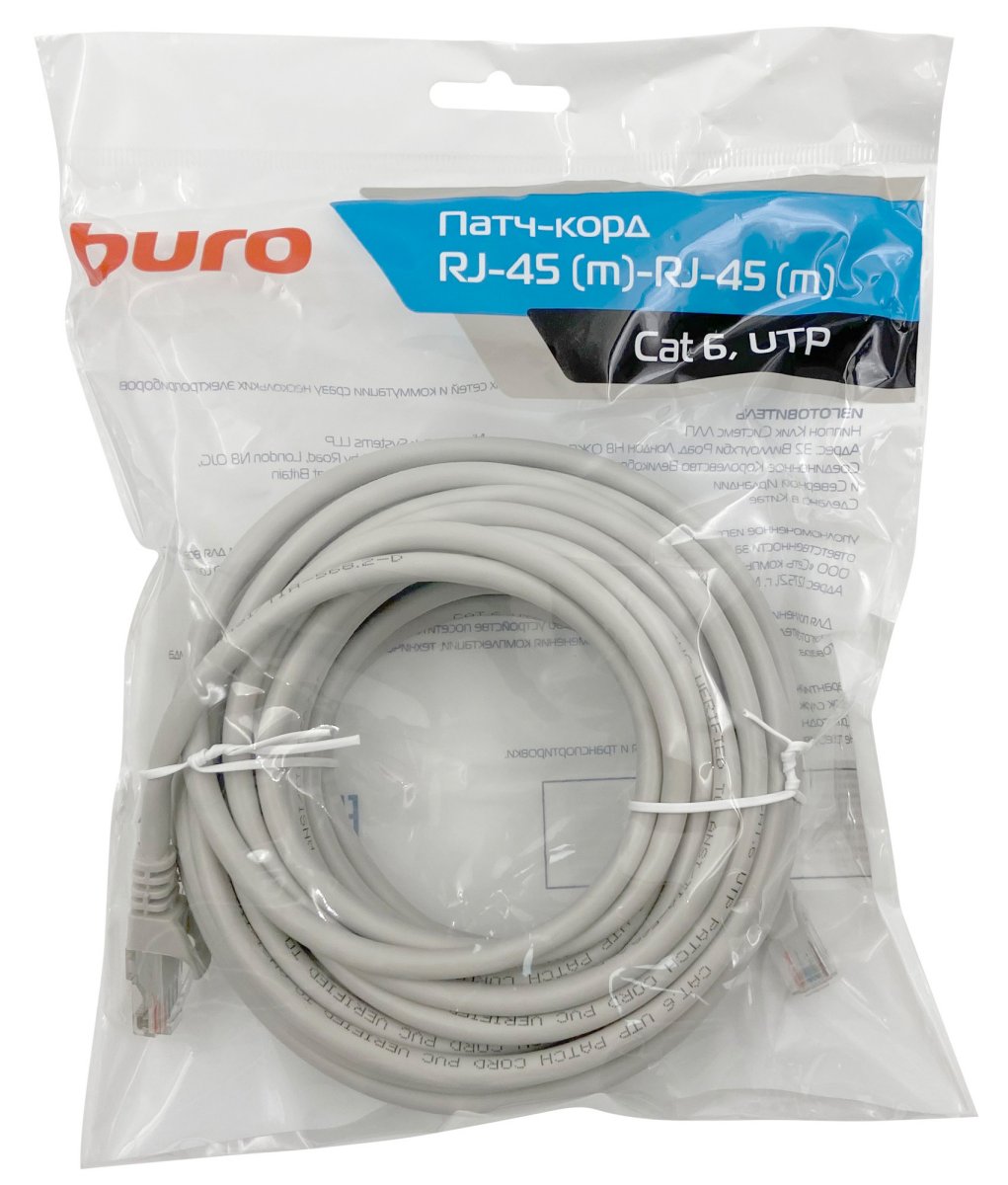 Изображение товара Патч-корд Buro UTP-6-10M-G Cat6 10м RJ-45-M кабель для сети серый