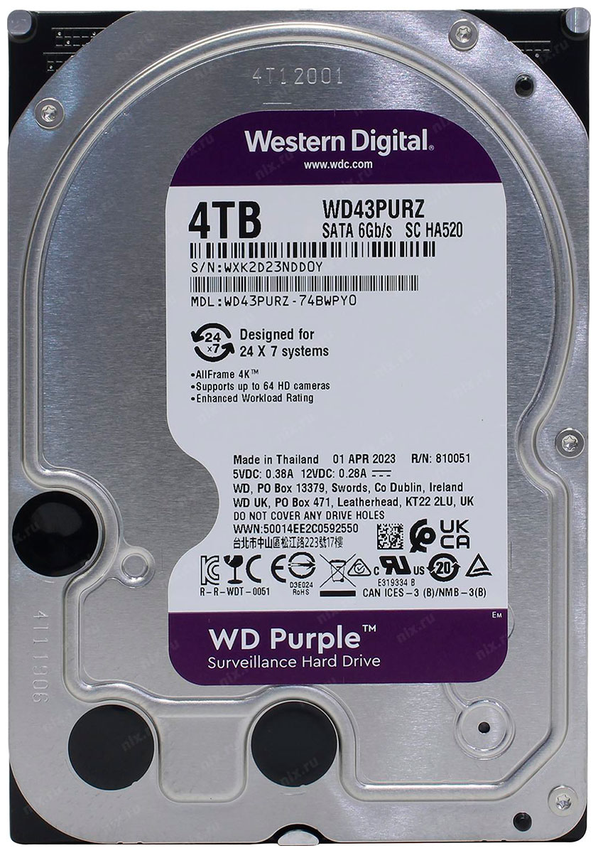 Изображение товара Жесткий диск Western Digital Purple, 3.5", 4Tb, SATA III, 5400rpm, 256MB (WD43PURZ)