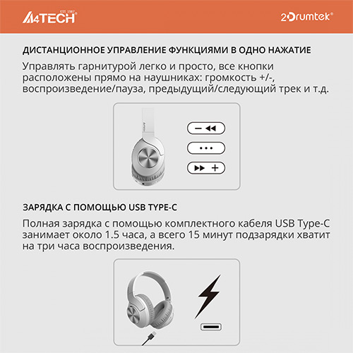 Изображение товара Беспроводные мониторные наушники A4Tech 2Drumtek BH300 с микрофоном
