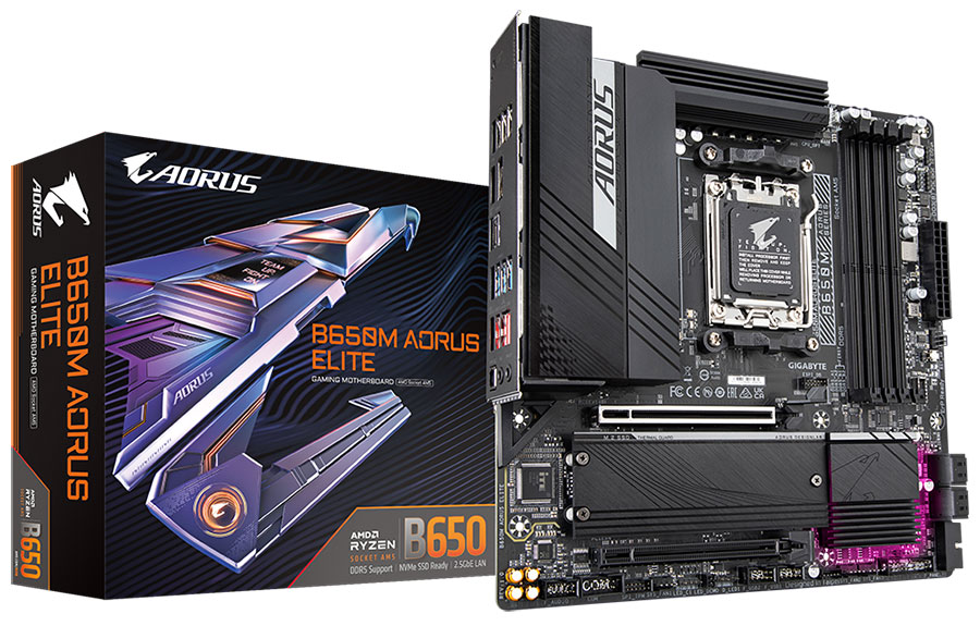 Изображение товара Материнская плата Gigabyte B650M AORUS ELITE AM5 microATX DDR5 2.5GbE Wi-Fi без Wi-Fi