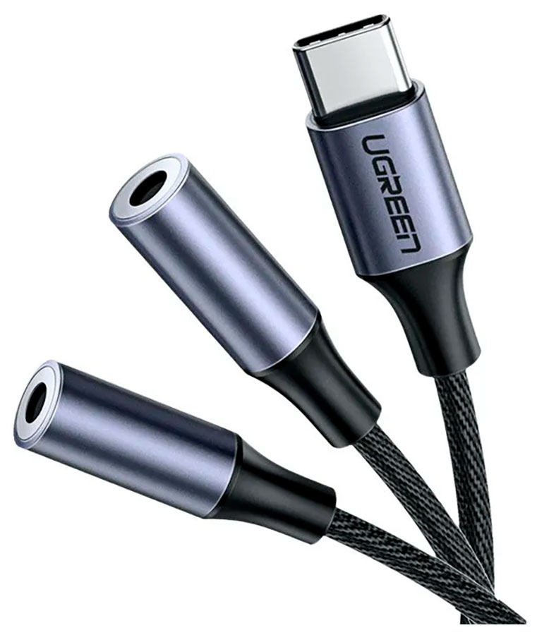 Изображение товара Разветвитель-адаптер Ugreen AV144, USB Type C Male to 3.5 mm 2 Female Audio Cable, длина 25 см, серый (30732)