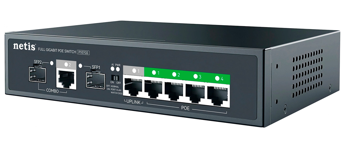 Изображение товара Коммутатор Netis P107GS (L2), 6x1 Гбит/с, 1x Комбо 1000BASE-T/SFP, 2SFP 4PoE, 65W, неуправляемый