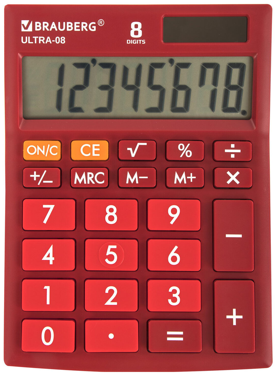 Изображение товара Настольный калькулятор Brauberg ULTRA-08-WR бордового цвета с большиым дисплеем и солнечной батарее
