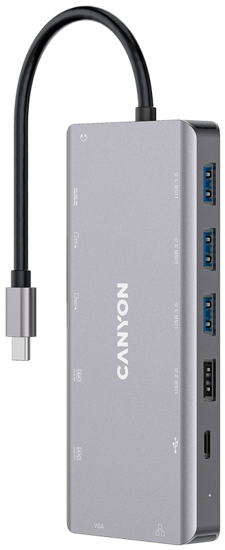 USB Hub Canyon Type-C 13-в-1 DS-12 металл 13 портов одновременное подключение 2х мониторов быстрая зарядка PD100W Совместимость с ОС Windows / ma