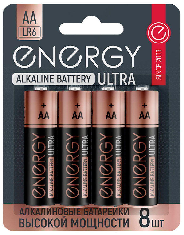 Батарейки алкалиновые Energy Ultra LR6/8B (АА), 8 шт. батарейки щелочные алкалиновые космос lr6 аа пальчиковые 2 шт