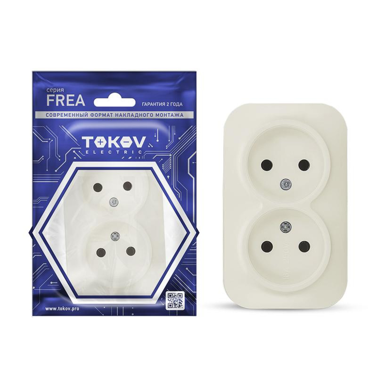 Изображение товара Розетка Tokov Electric Frea 2-м ОП 16А IP20 без заземления белая