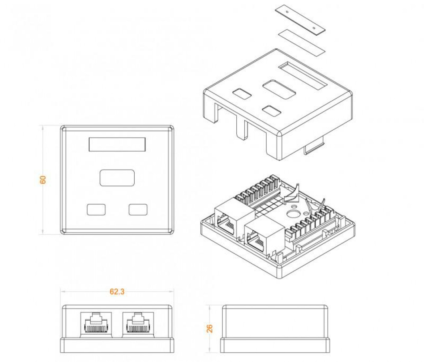 Изображение товара Розетка компьютерная 2-м ОП Dual IDC RJ45 кат.6 экранир. Hyperline