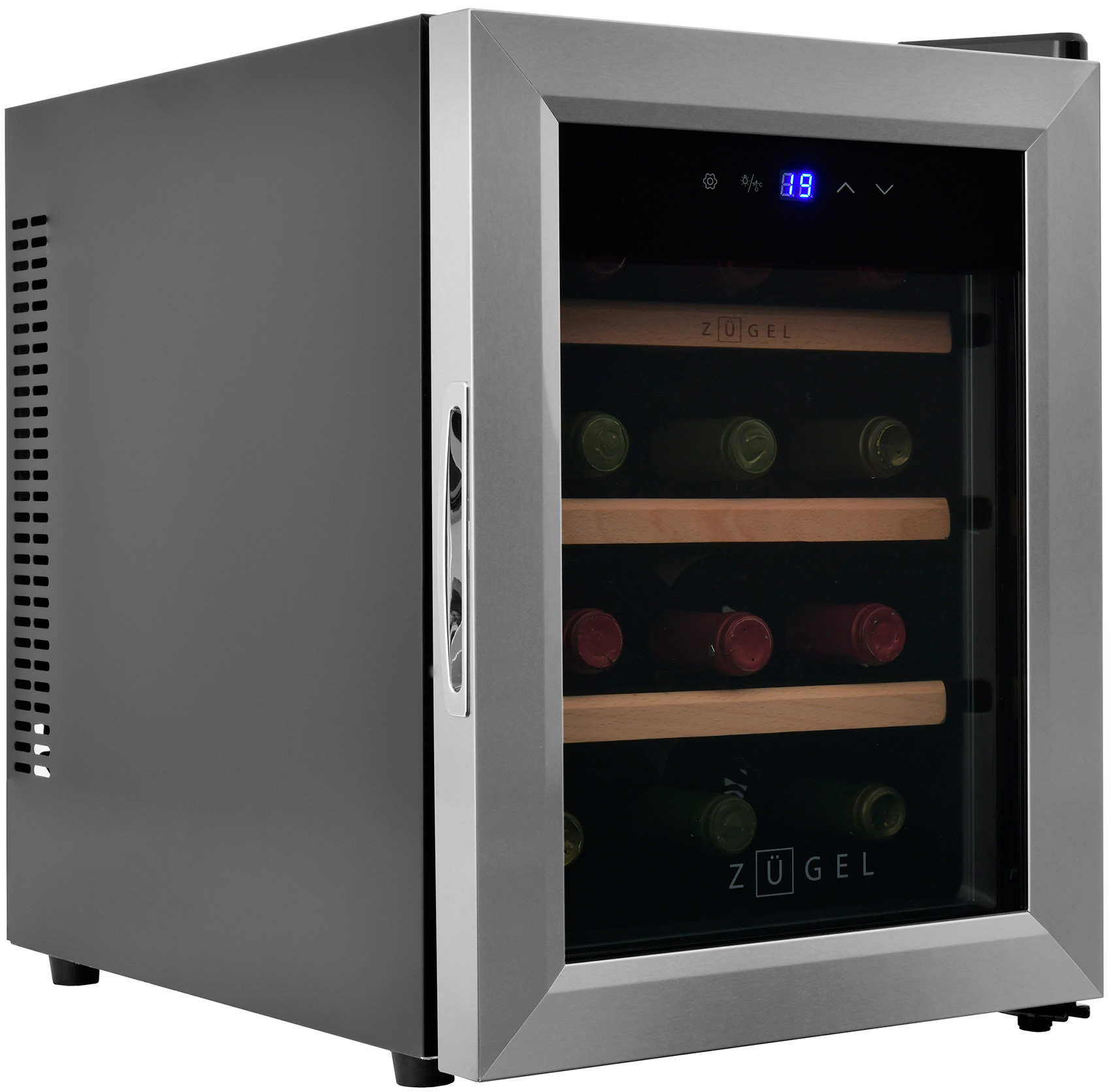Изображение товара Винный шкаф Zugel ZTWF121B черный со стеклом и подсветкой 12 бутылок