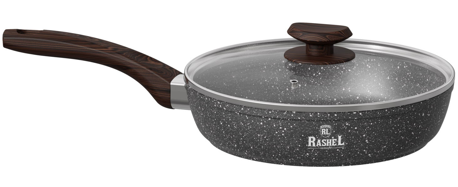 Изображение товара Сковорода Rashel R-10424к, а/п, литая, 24 см, индукция, стекл. крышка, черный гранит