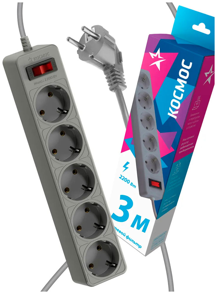 Изображение товара Сетевой фильтр Космос 3 м 5 розеток с защитой и автоматическим предохранителем