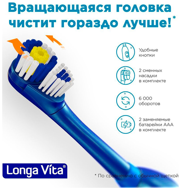 детская электрическая зубная щётка лонга вита kab 3y жёлтая Электрическая зубная щётка Лонга Вита KAB-2S, синяя