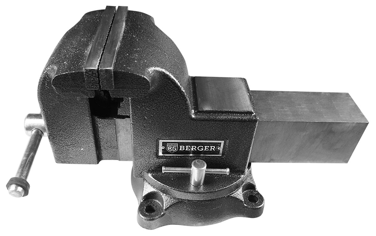 Изображение товара Чугунные поворотные тиски Berger BG1336 с трубным захватом и наковальней 100 мм