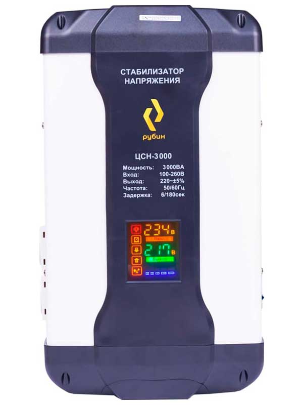 Изображение товара Стабилизатор напряжения Рубин ЦСН 3 000 (220 В, 3 кВт, 1 фаза) Изображение товара Стабилизатор напряжения Рубин ЦСН 3 000 (220 В, 3 кВт, 1 фаза)