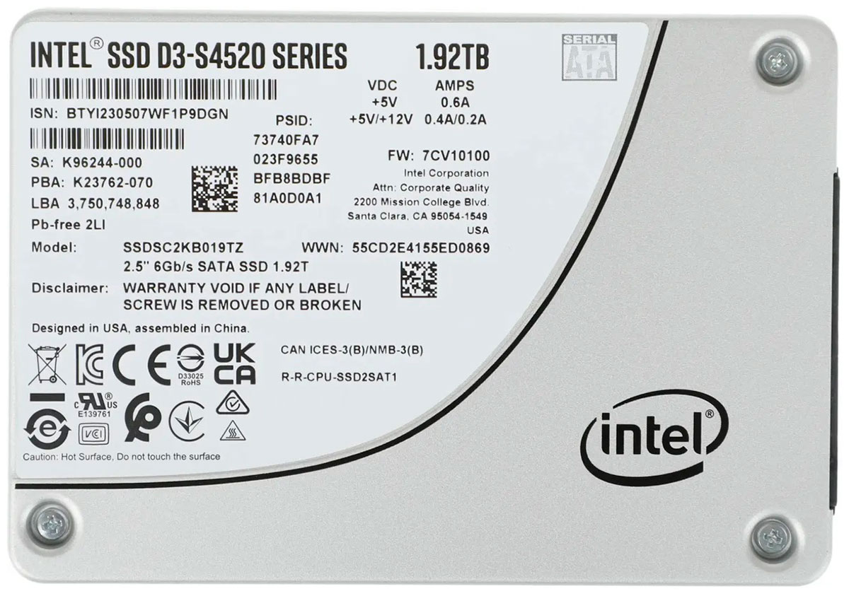 Изображение товара Серверный накопитель SSD Intel 2.5 D3-S4520 1920 Гб SATA III TLC (SSDSC2KB019TZ01)