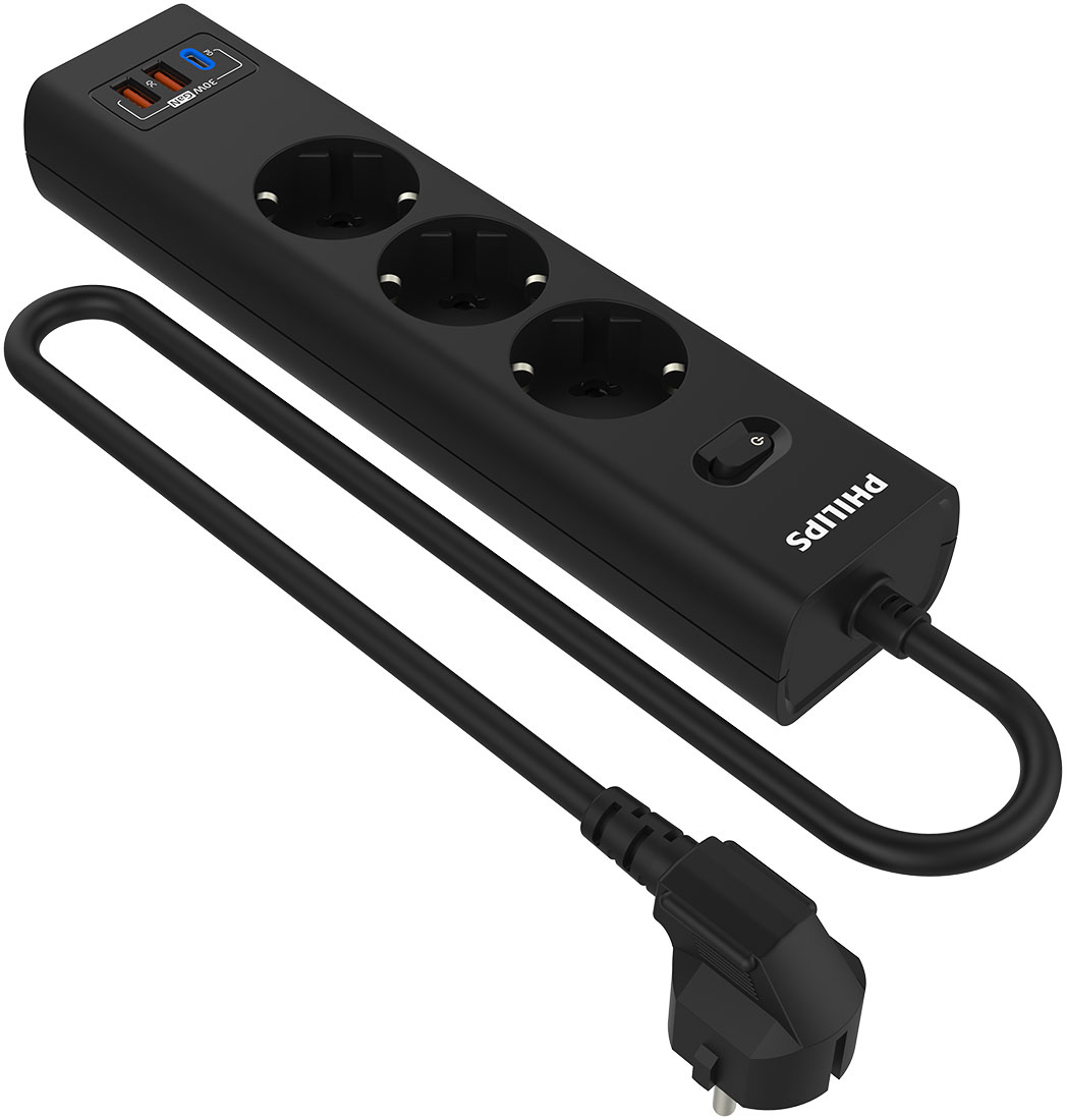 Изображение товара Сетевой фильтр Philips 3 Розетки с USB (PD/QC3.0 5/9/12 В), 30 Вт, кабель - 3 м, черный