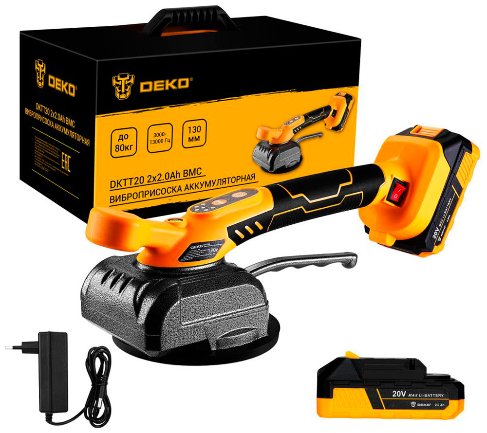 Изображение товара Виброприсоска аккумуляторная для укладки плитки Deko DKTT20, 20В, 2x2.0Ач, в кейсе, желто-черный