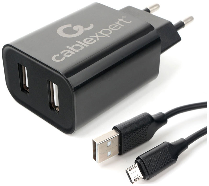 Сетевая зарядка + Micro USB кабель Cablexpert MP3A-PC-35 USB 2 порта, 2.4A, черный + кабель 1м micro набор держатель для провода кабель micro usb с новым годом 1а 1м