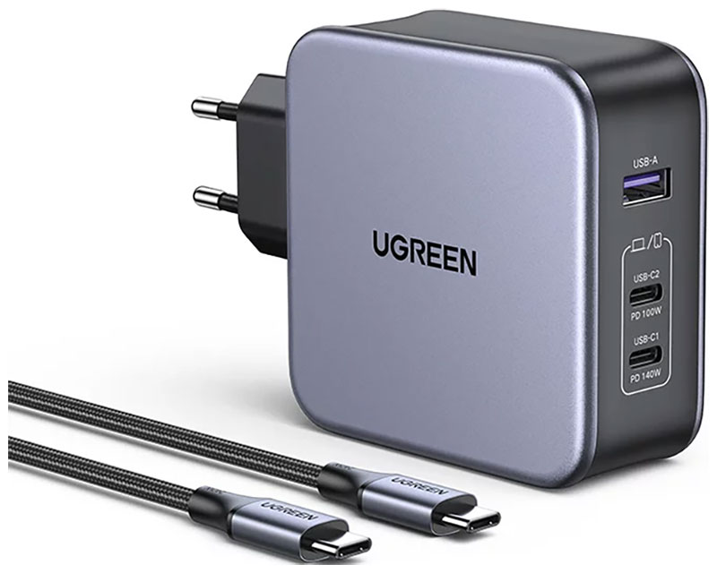 СЗУ Ugreen NEXODE, USB A + 2 USB C, 140W, GAN + кабель USB-C 2 м (90549) сетевое зарядное устройство ugreen x757 usb a 2 usb c nexode pro 100w gan tech fast charger с кабелем type c 1 5м 25874 серый