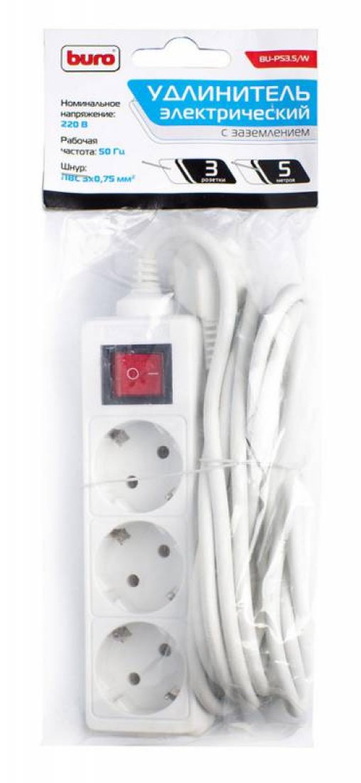 Изображение товара Сетевой удлинитель Buro BU-PS3.5/W 5м (3 розетки) белый (пакет ПЭ)