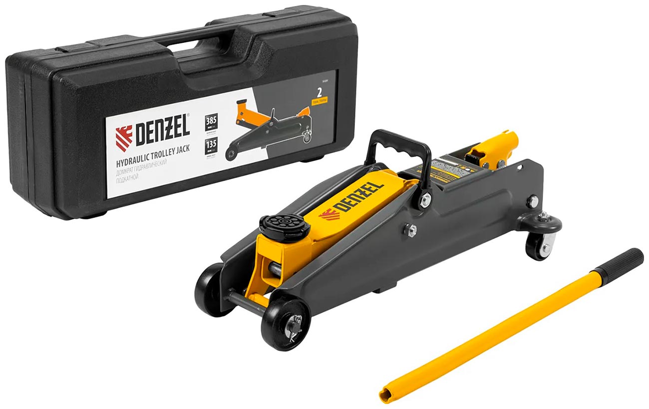 Изображение товара Домкрат гидравлический подкатной Denzel 2 т 135-385 мм в пласт. кейсе, 51231