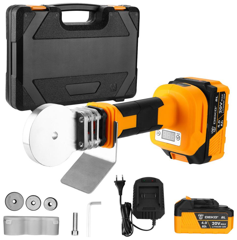 

Аппарат для сварки пластиковых труб аккумуляторный в кейсе Deko R-DKCPW20V (20В, 2*4.0Ач, ЗУ, кейс), оранжевый