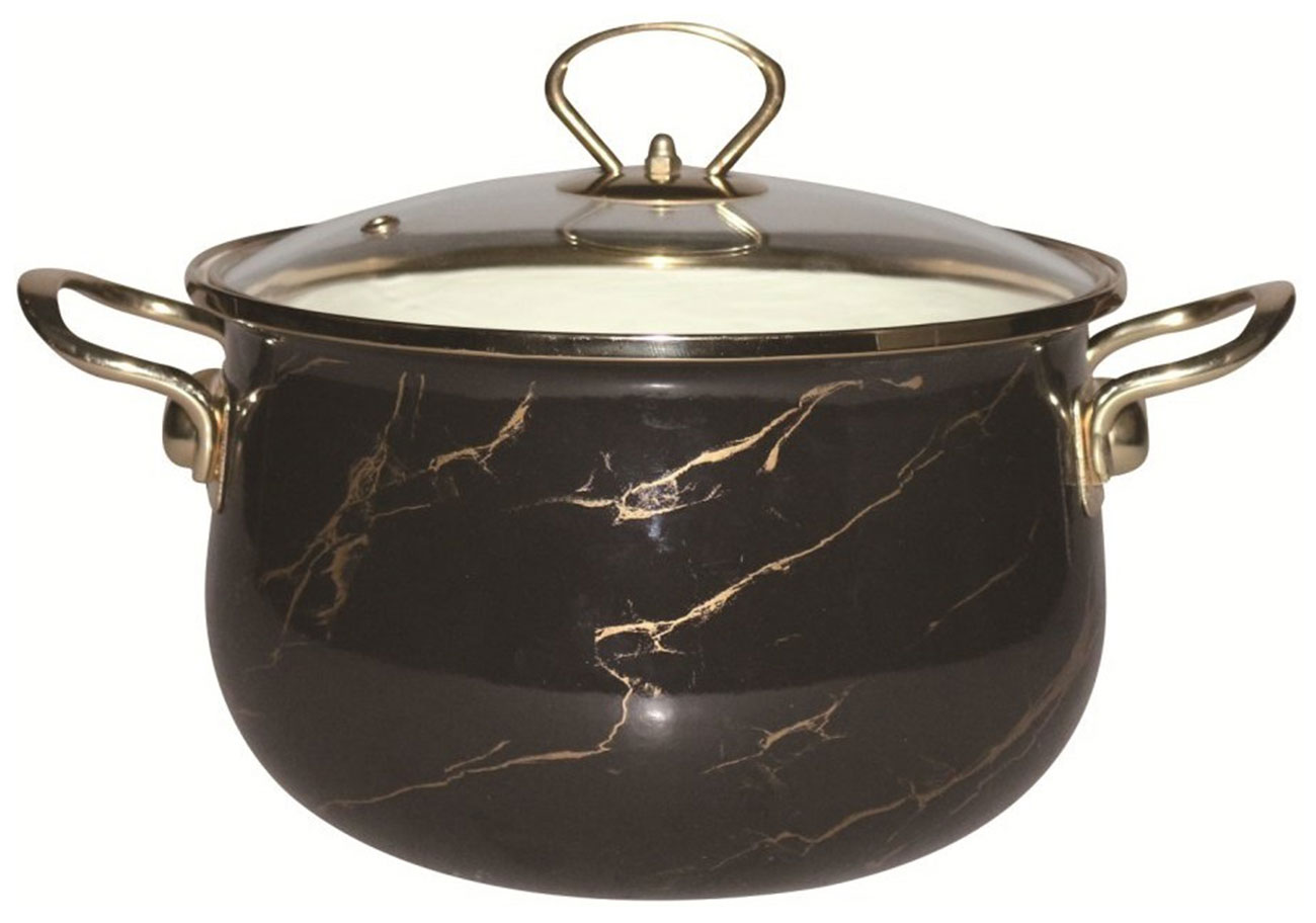 Изображение товара Кастрюля Marusya R-32030 3 л, эмалированная, стеклянная крышка, ручка золото, черный мрамор