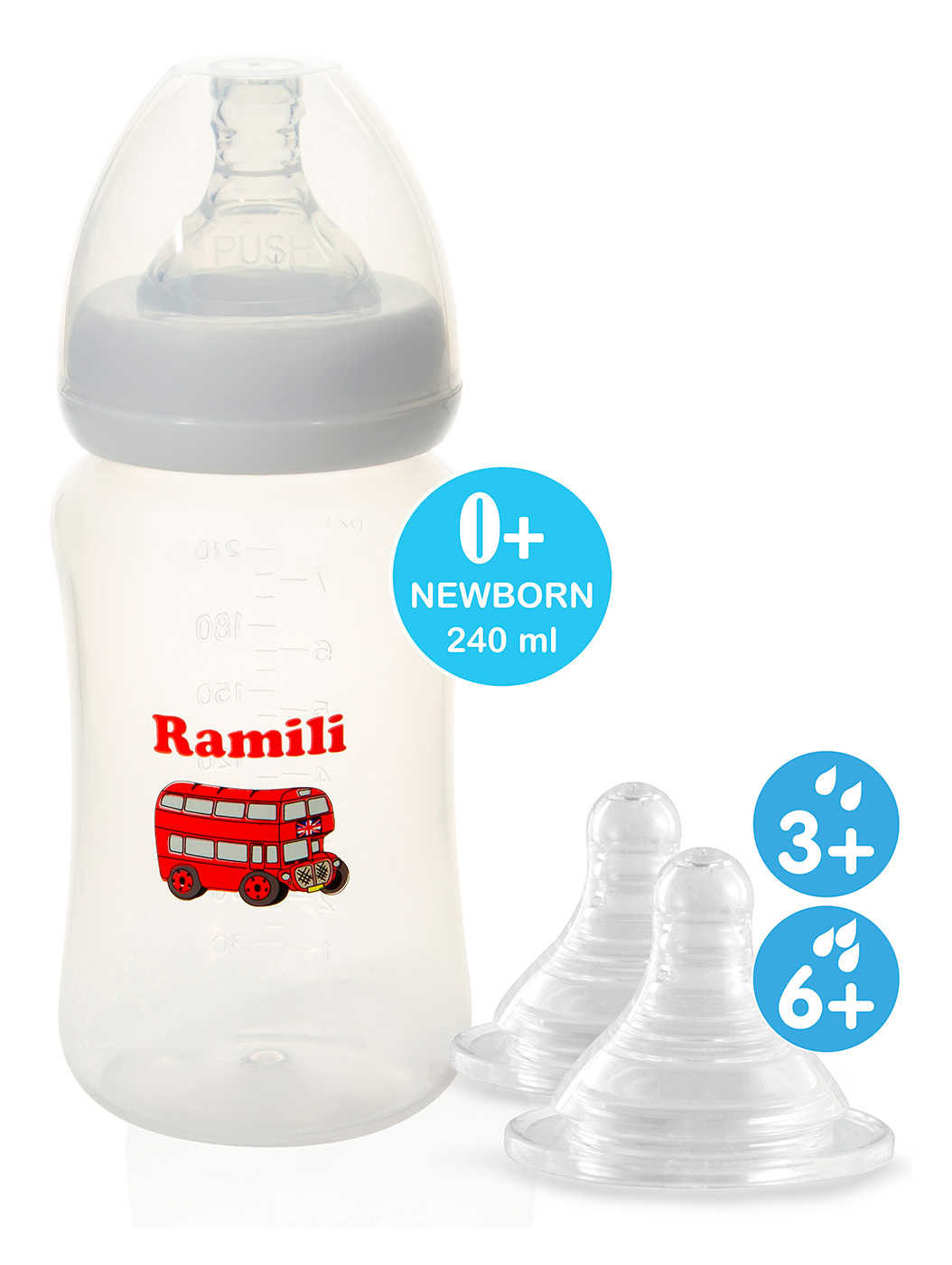 Изображение товара Противоколиковая бутылочка Ramili Baby 240 мл с тремя сосками и системой защиты от колик