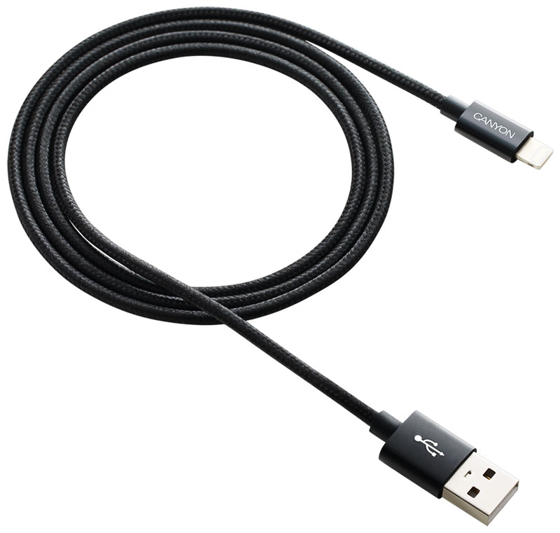 Кабель плетеный Canyon для iPad / iPhone 8-pin Lightning - USB 20 CFI-3 1м черный CNE-CFI3B кабель canyon для ipad iphone 8 pin lightning usb 20 cfi 1 1м белый cne cfi1w